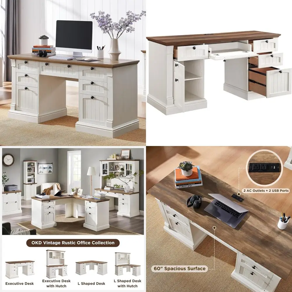 

Антикварный белый офисный стол 60-го размера с ящиками, зарядной станцией, выдвижной полкой для клавиатуры и шкафом для хранения для домашнего офиса или кабинета