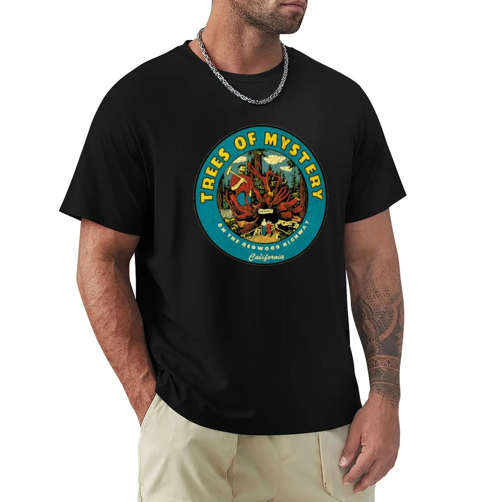 Trees of Mystery vintage California decal Sticker T-Shirt Thanksgiving Day Tee Top