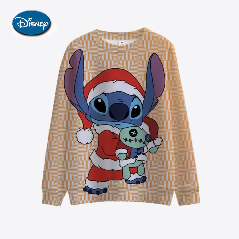 Disney Stitch Women\'s Christmas Hoodie Knitted Sweatshirt Round Neck Long Sleeve Shoulder Sweatshirt Top Harajuku Hoodie