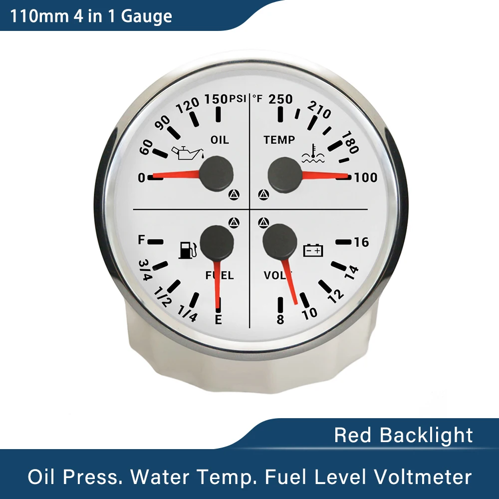 

ELING 110mm 4 in 1 Gauge 0-10Bar 0-150Psi Oil Pressure Water Temp Fuel Level Voltmeter with Light Alarm for Car Boat Yacht