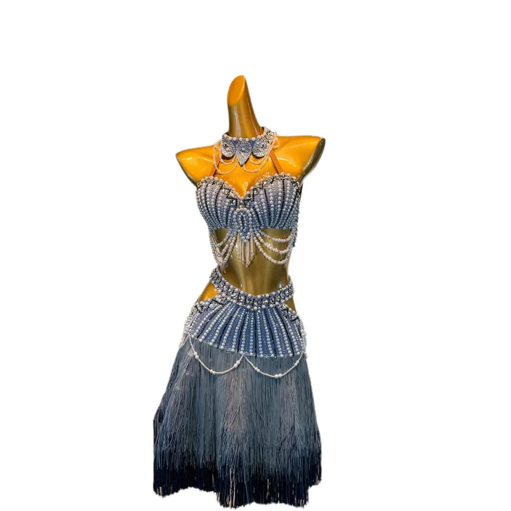 Robe de danse latine pour enfants et adultes, strass, haut de gamme, personnalisée, avec perles, jupe à franges, Tango, vêtements professionnels pour femmes
