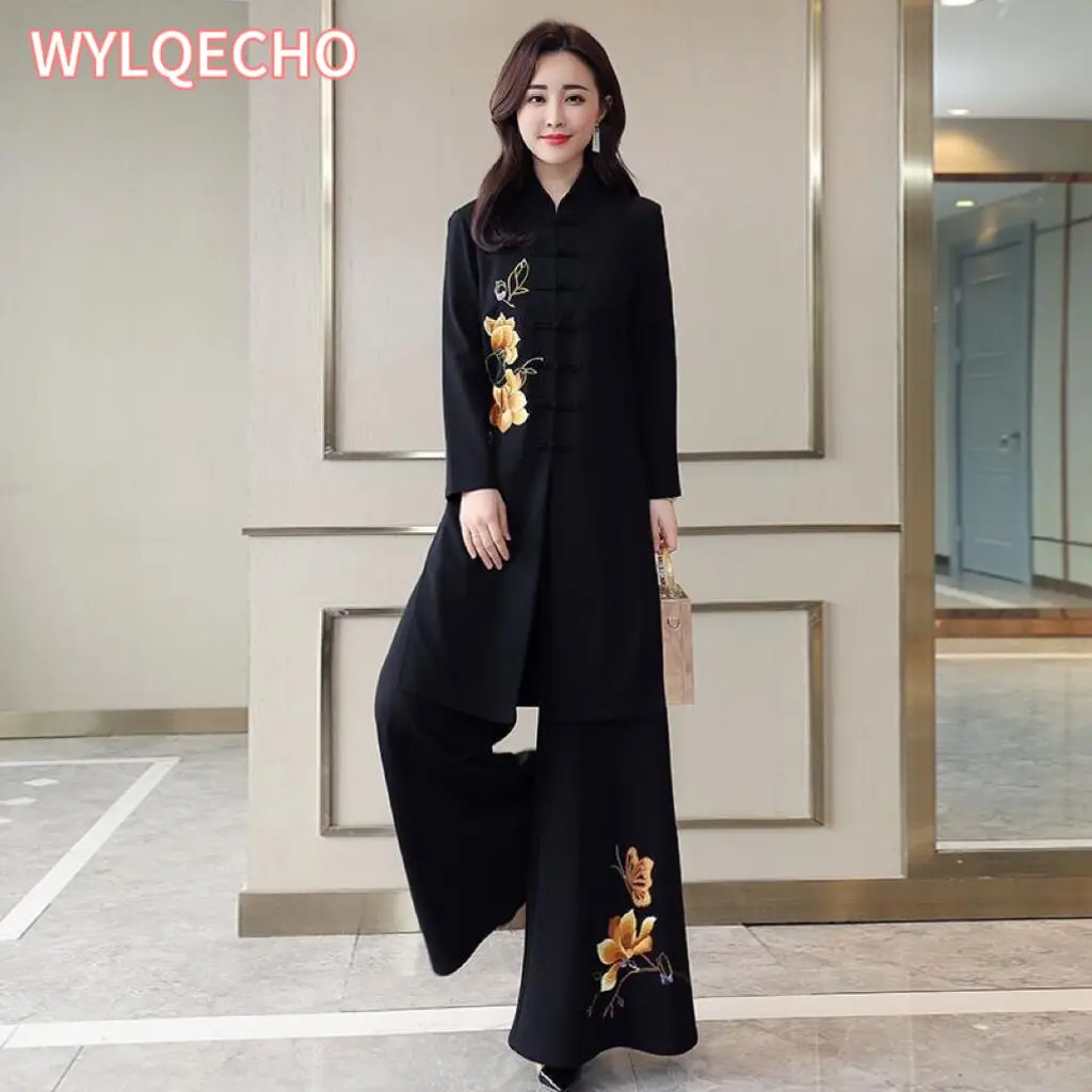 Chinese Style Two Piece Set Women Fashion National Embroidered Wide Leg Pants Clothing Vintage 2024 Suit Conjuntos De Mujer