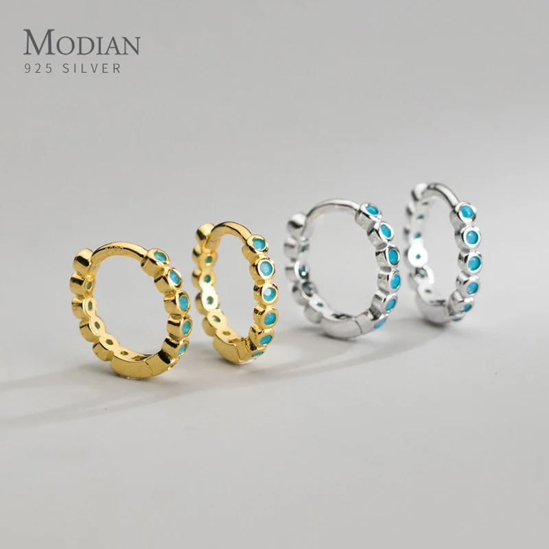 

MODIAN 925 Sterling Silver Vintage Round Turquoise Ear Buckles Simple Trendy Gold Color Hoop Earrings For Women Fine Jewelry