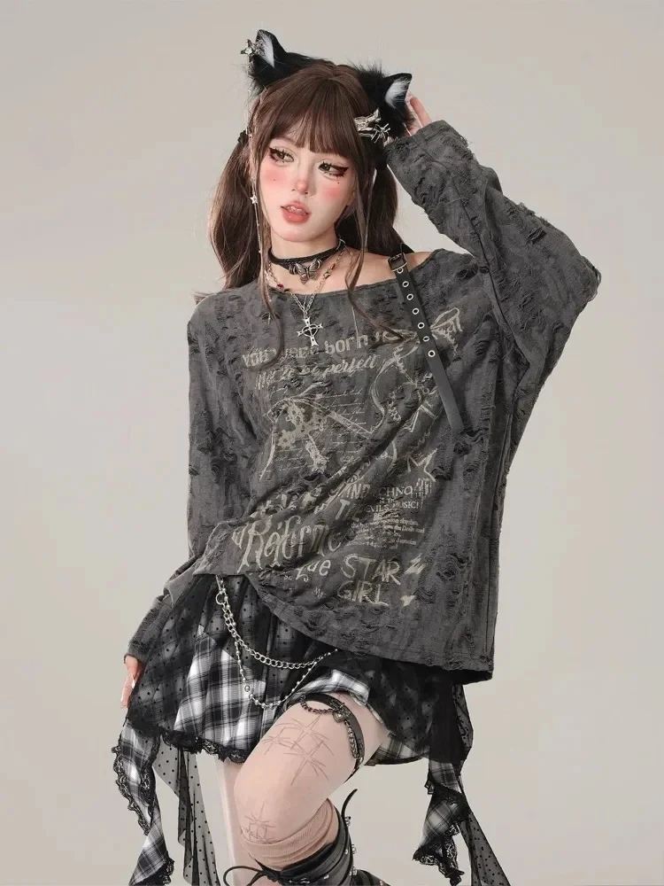 Harajuku Kawaii T-Shirt Women Sweet Japanese Gothic Subculture Loose Letter School Student Tees Long Sleeve Top Spring Outwear