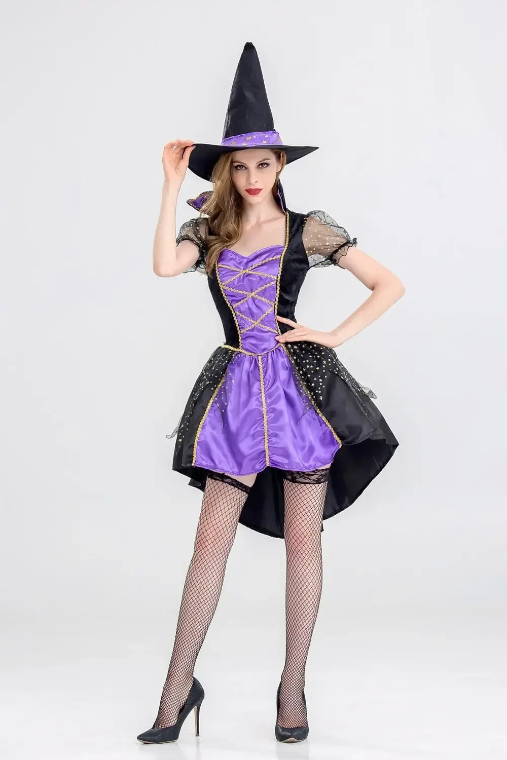 Costume da strega di Halloween per donna adulta sexy viola a coda di rondine bretelle abito cappello festa di carnevale abito femminile