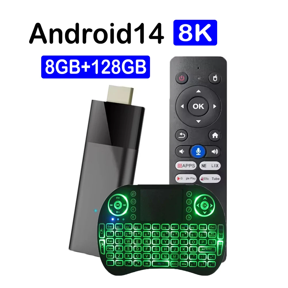 New Android14 Mini TV Stick Q12 Android 14 Allwinner H313 8K Video 4K Dual Wifi 5G 128GB Media Player Voice Remote Smart TV Box