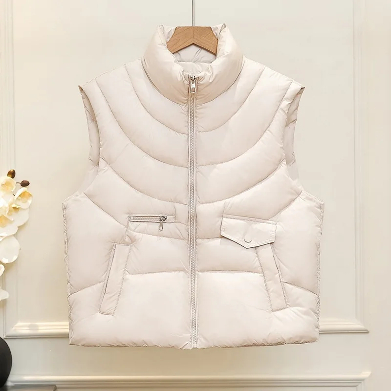 Korean Autumn Winter Pocket Design Leisure Collar Cotton Parkas Waistcoat Female Tops Fashion New 2026 Down Cotton Vest Women