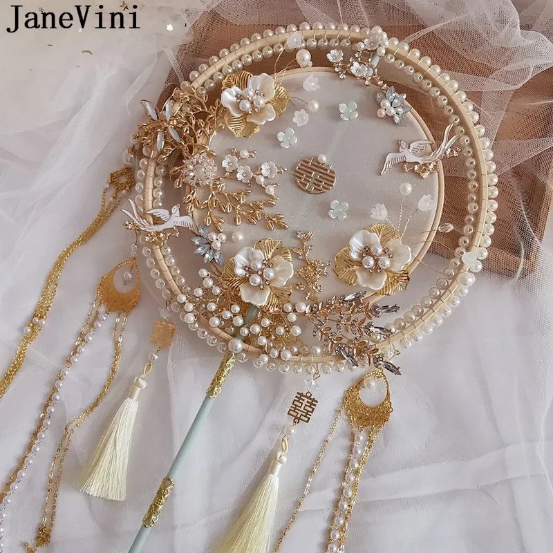 JaneVini Hanfu Hand Fan Ancient Chinese Gold Wedding Bridal Bouquet Pearls Flowers Crystal Round Tassel Bride Fan Bouquet Mariee