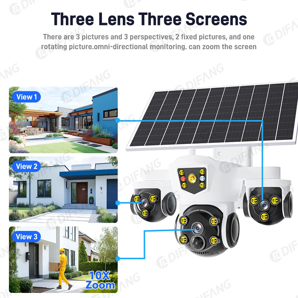 DIFANG Wireless WiFi Solar Camera Three Screen 4G Sim Card Solar CCTV Three Lens Waterproof V380 Pro Solar Video Surveillance