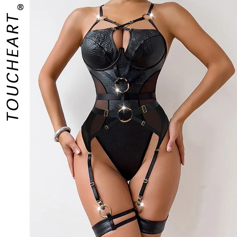 

Toucheart Sexy Mesh Jumpsuit Set for Women Mesh Patchwork PU Garters Underwear Set Sexy Hollow Out See-through Jumpsuit Set New