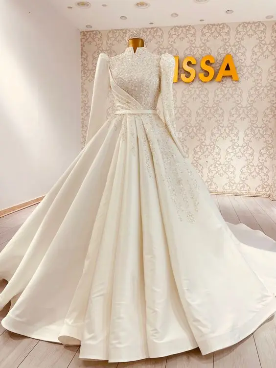 Elegante abito da sposa con perline in raso scintillante per la sposa abito da ballo a maniche lunghe abito arabo De Mariée Robe De Soire