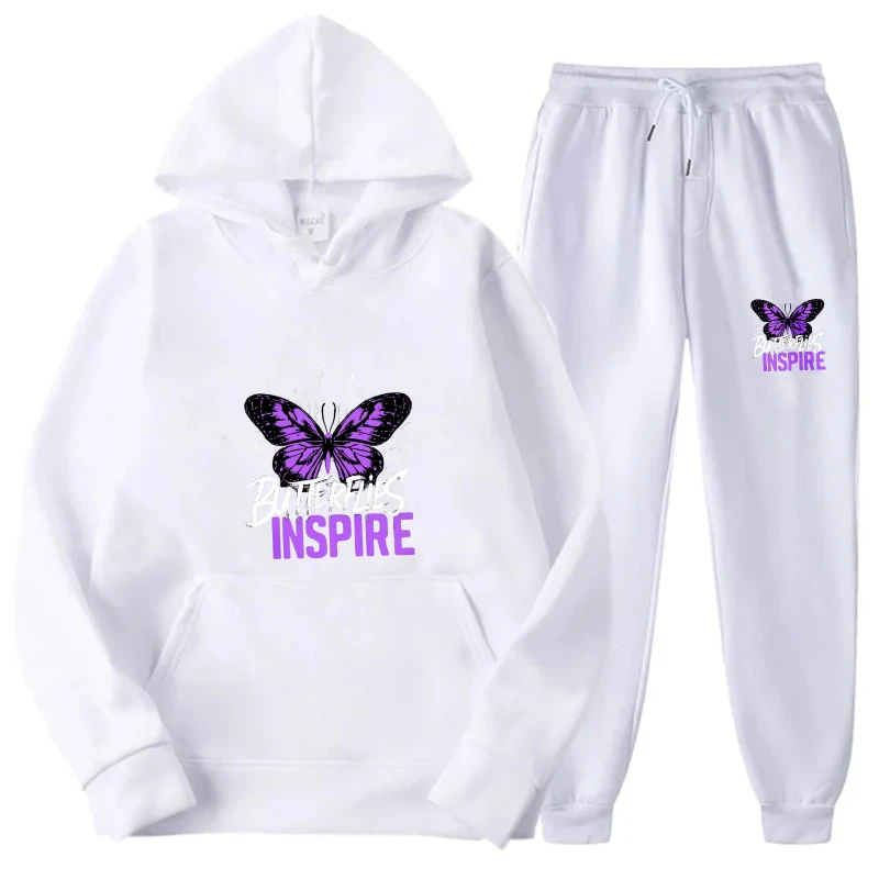 Hoodie Set White Butterfly Inspire Print Sweatshirt & Pants Tracksuit for Women Gym Yoga Casual Wear