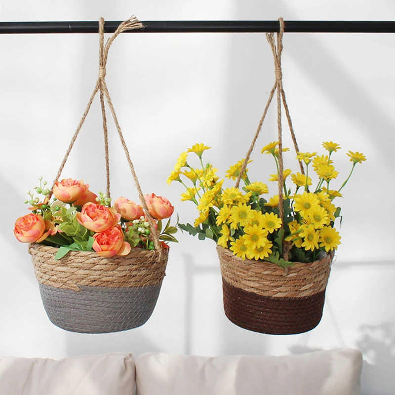 Garden Hanging Planter Flowerpot Rattan Woven Hanging Basket Flower Pot Handmade Straw Woven Plant Hangers Home Decor