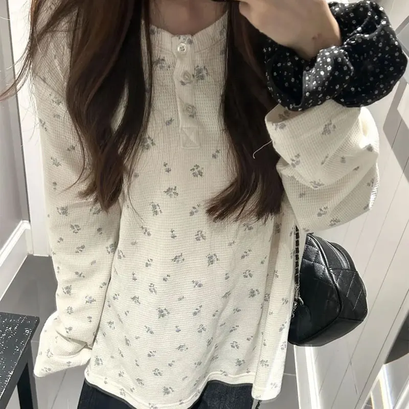

Korean Broken Flowers Print T-Shirts Spring Autumn Henley Neck Women's Clothing Long Sleeve Waffle Fashionable Casual Pullovers