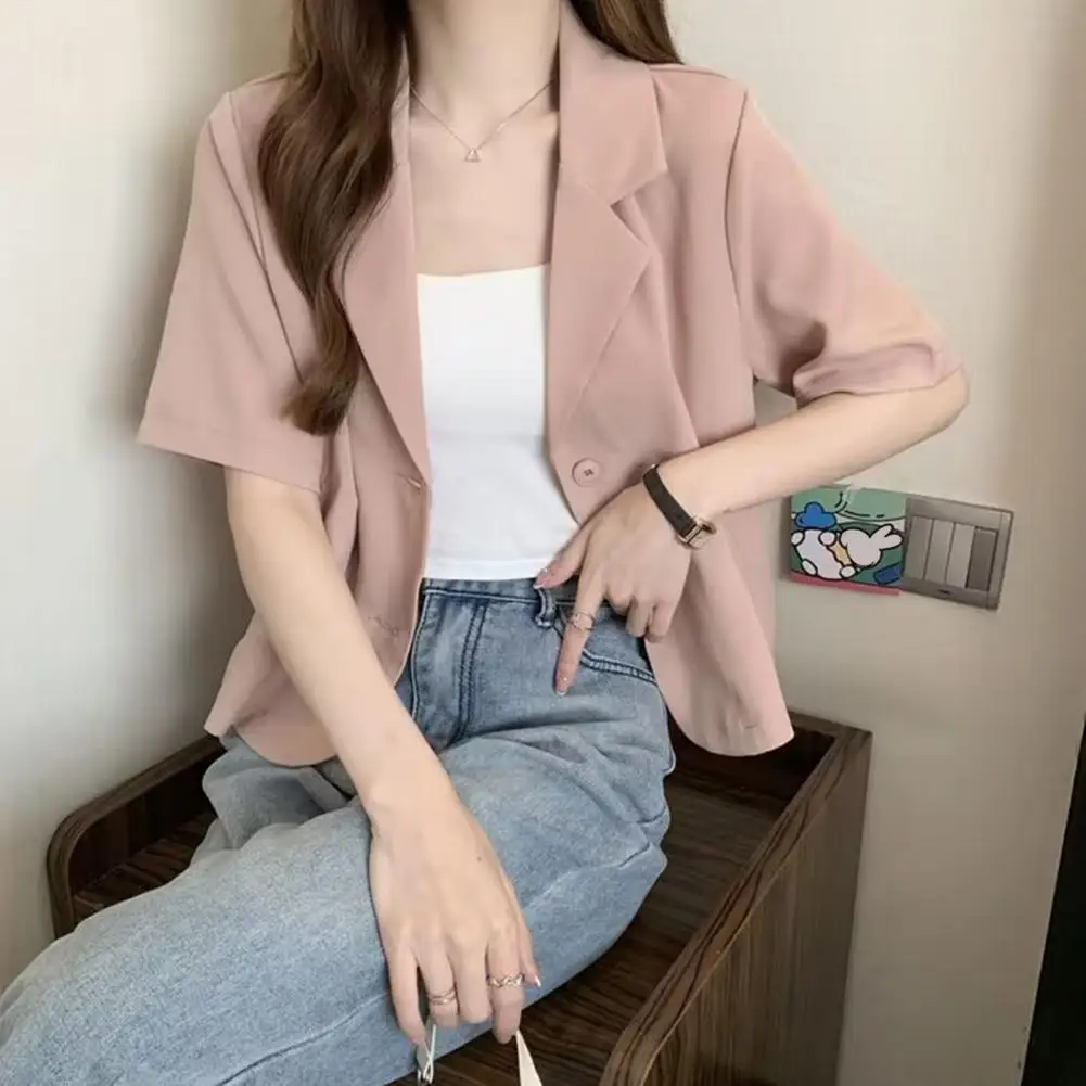 

Women Suit Coat Elegant Lapel Short Sleeve Women's Suit Coat with Pockets Solid Color Loose Fit Summer Business Jacket for Women