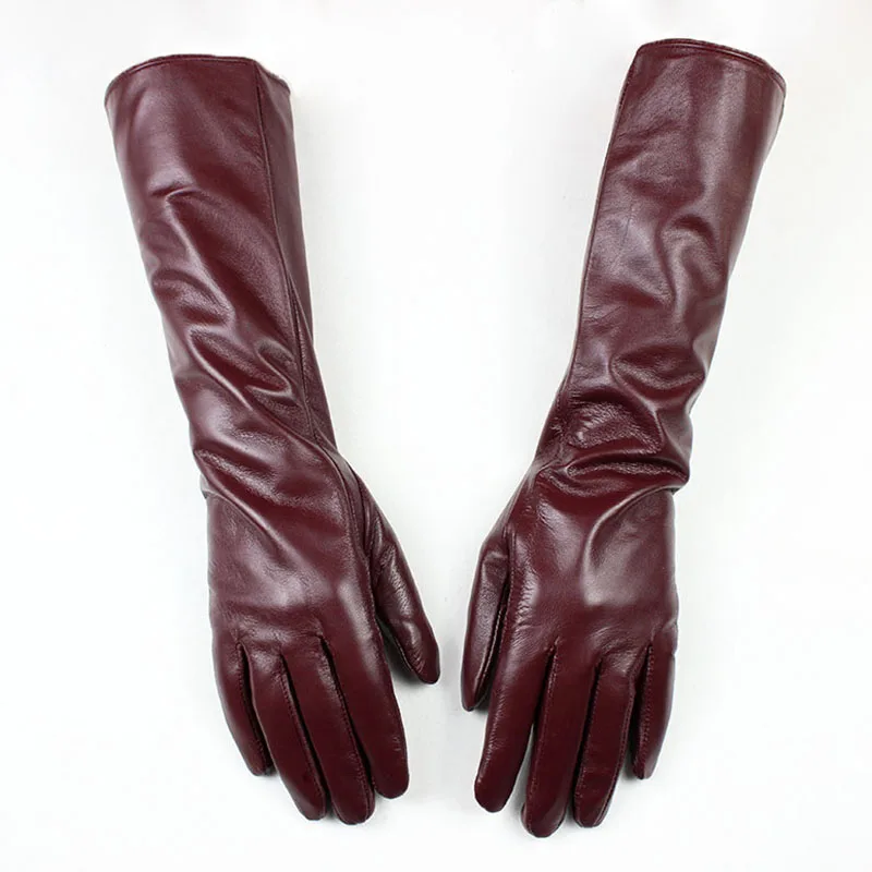 Gants en peau de mouton de 38 CM de Long pour femmes, en cuir de couleur, à la mode, avec doublure en velours pour rester au chaud en automne et en