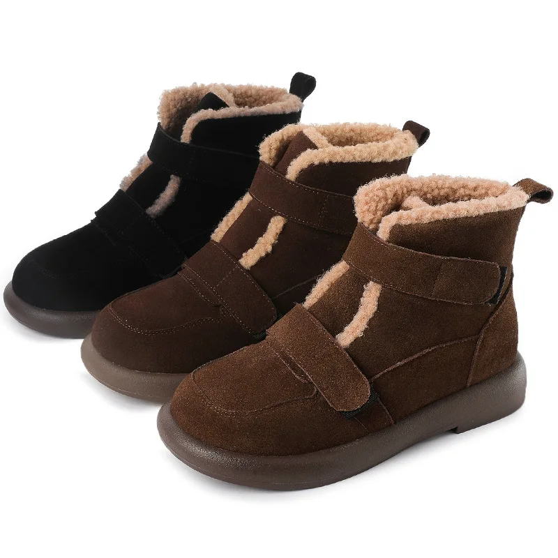 Snow Boots Women Cow Suede Furry Solid Color Round Toe Hook & Loop Flat With Winter Lasies Shoes Handmade