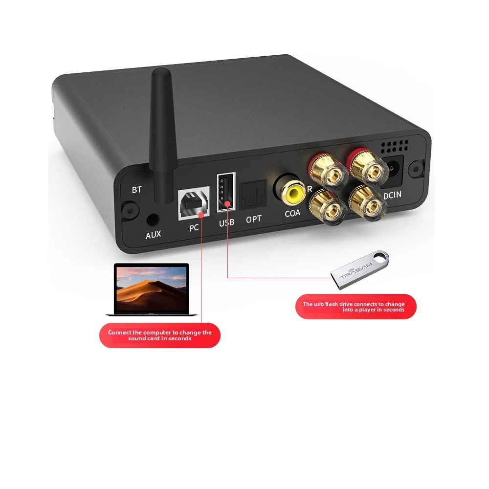 USB Digital Amplifier, Home Bluetooth High-Power Amplifier Bluetooth 5.0 LDAC Audio Decoder High Power Fiber Coaxial Audio Input