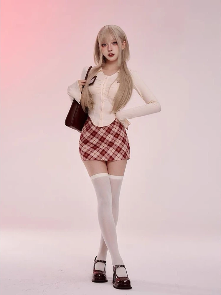 2023 Autumn Japanese Style Kawaii Clohting Slim Casual Bouse + Red Plaid Y2k Mini Skirt Party Cute Fashion 2 Piece Sets Woman