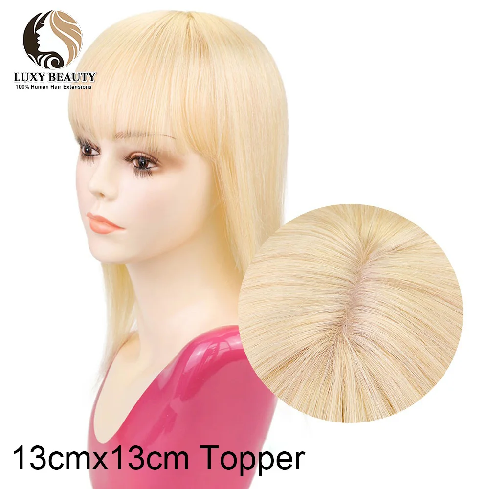 Topper blond avec frange pour femme, cheveux humains Remy, peau naturelle, clip de cuir chevelu, 10 po, 12 po, 14 po, 13x13cm