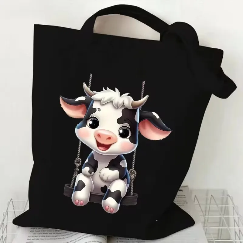 Cute Cow Print Canvas Tote Bag Various Cartoon Cow Patterns Shoulder Bag Large Capacity Handbag For Daily Shopping School