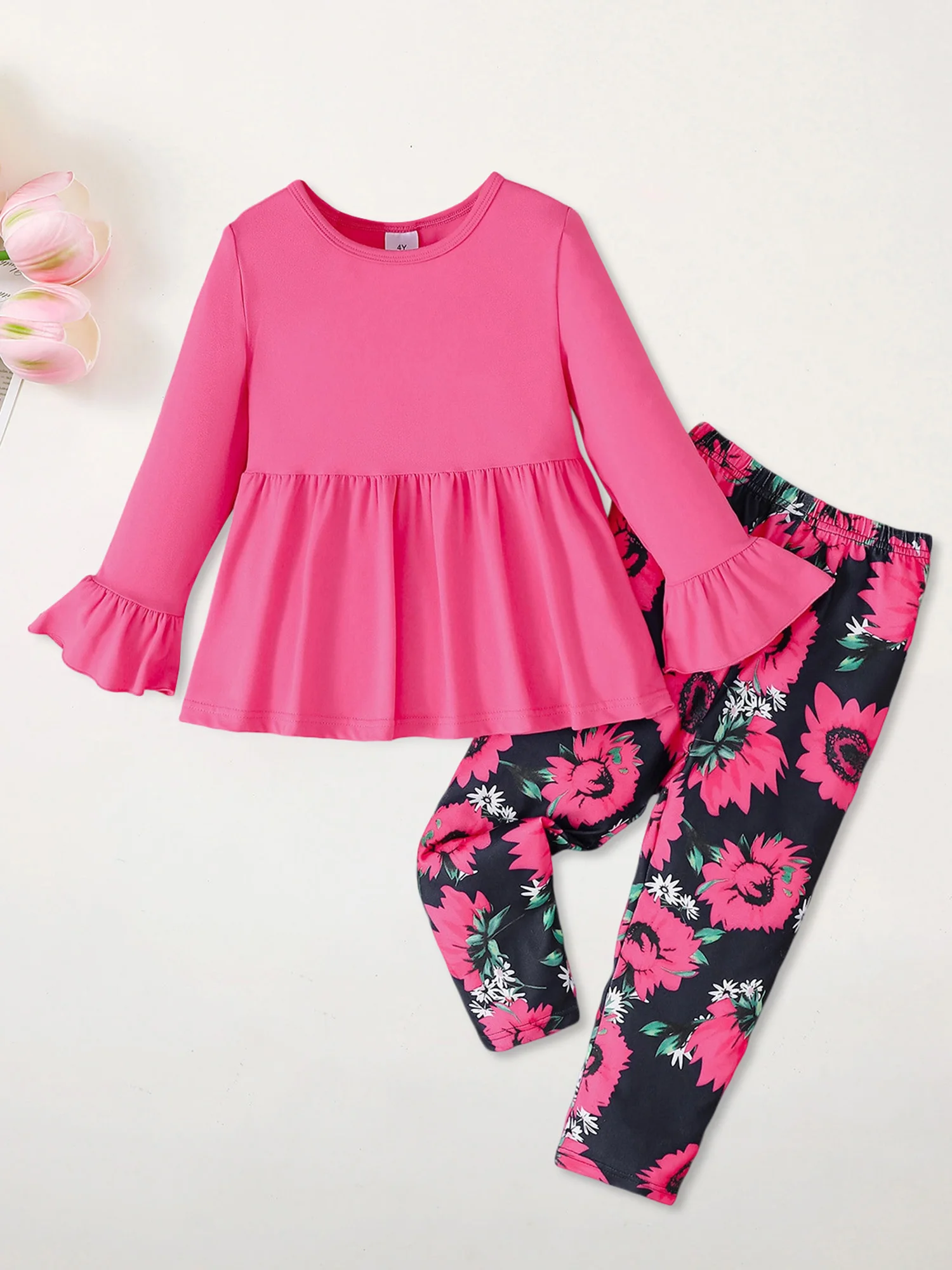 

Infant Girl 2-Piece Autumn Ensemble with Long Sleeve Dress Top and Floral Print Pants - Adorable Toddler Outfit for Fall