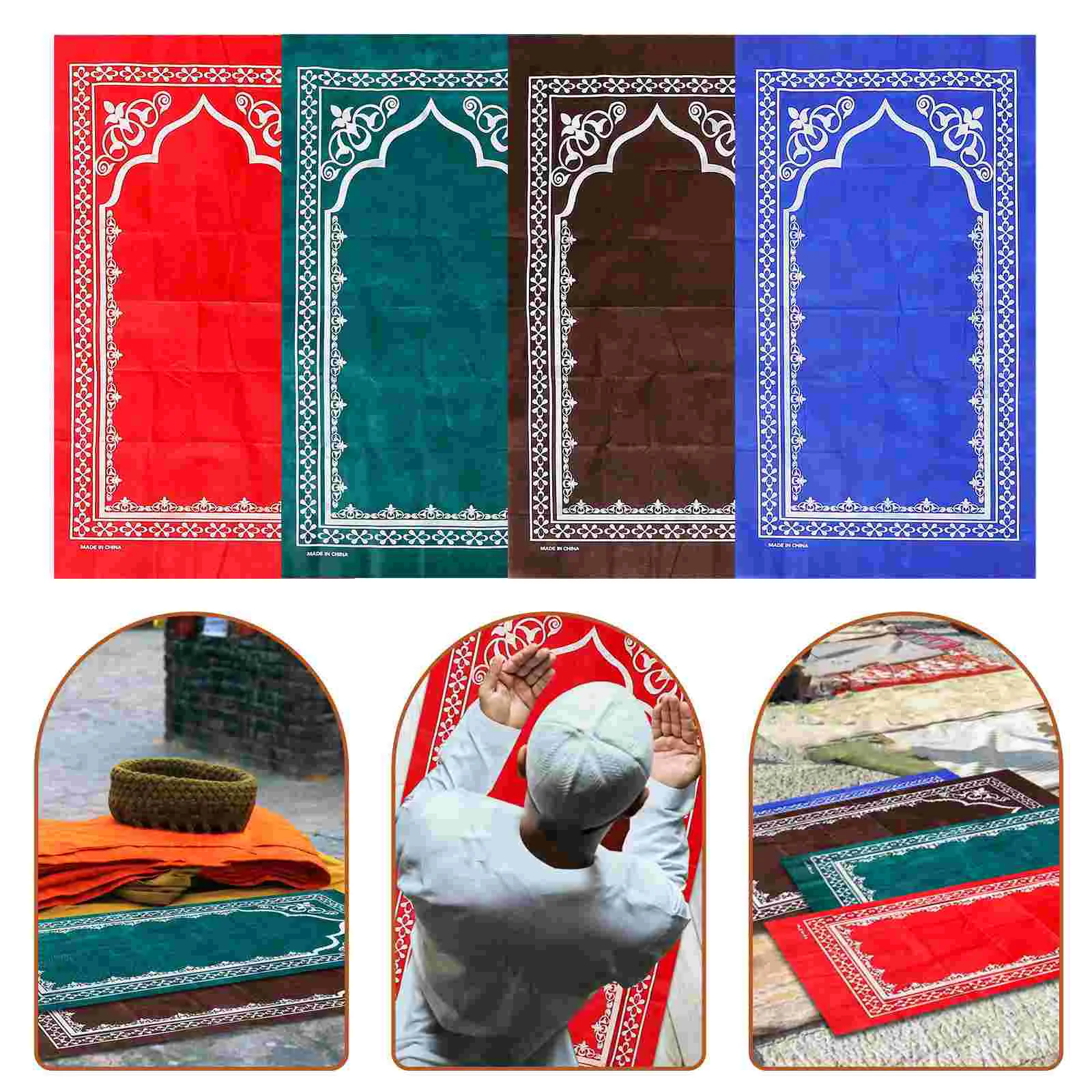 4 Pcs Coffee Dark Green Portable Prayer Mat Decorative Travel Praying Carpet Non Skid Festival Blanket Foldable