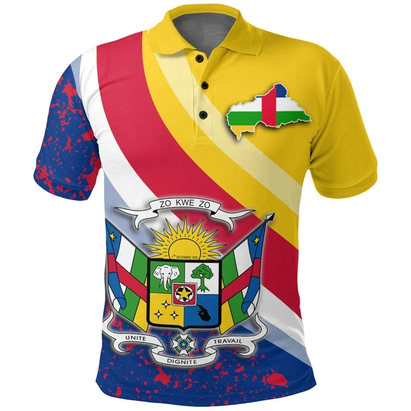 Full Print Central African Republic Flag Map Polo Shirts For Men Clothes National Emblem Button POLO Shirt Tee Tops Camisetas