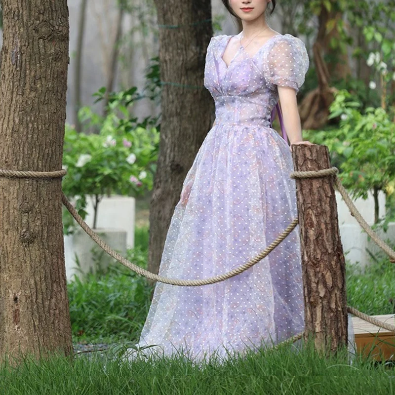 Floral Print Dress Purple Evening Dresses Puff Sleeves Party Dress A line Long Formal Occasion Dress Customized Party Dresses