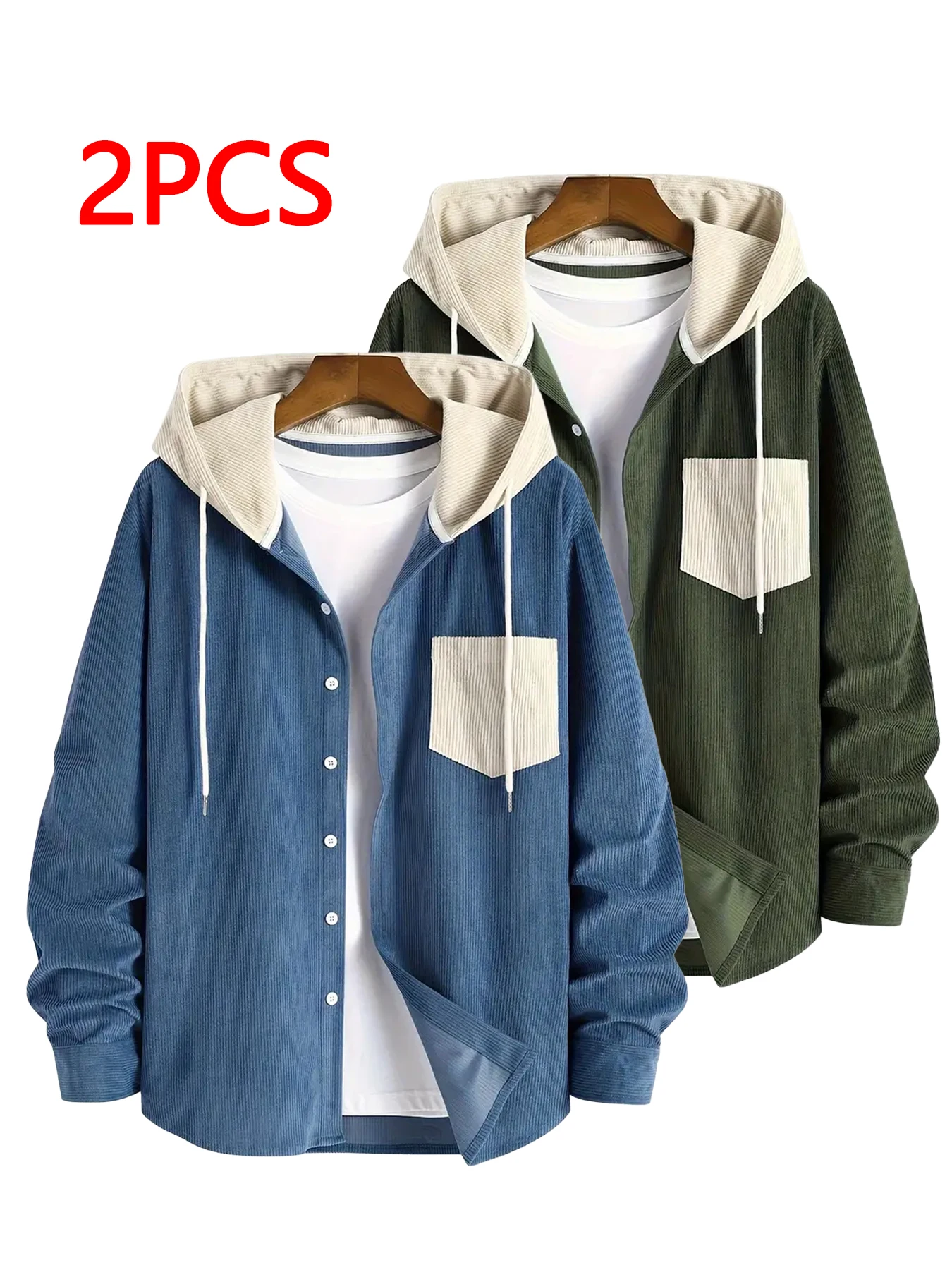 

Мужская вельветовая рубашка с капюшоном, повседневная однотонная модная уличная одежда с карманами, топ