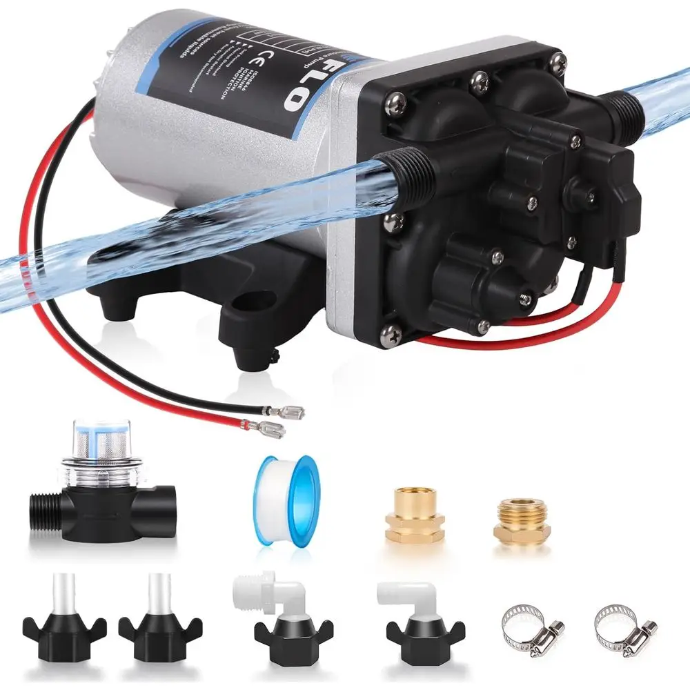 

[Upgraded Version] 12V DC RV Fresh Water Pump, 5.5GPM 55PSI, Five Chamber Self-Priming Diaphragm Pump with Heavy Duty Pressure S