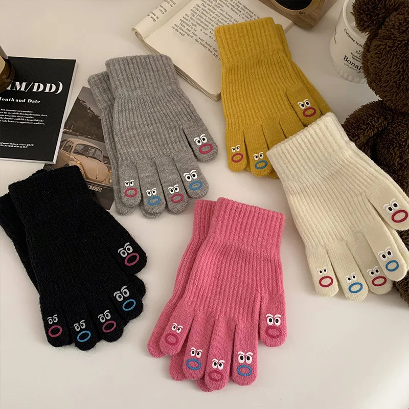 Winter Women Student Cycling Keep Warm Cute Cartoon Show Fingers Split Finger Touch Screen Personality Funny Knitted Gloves