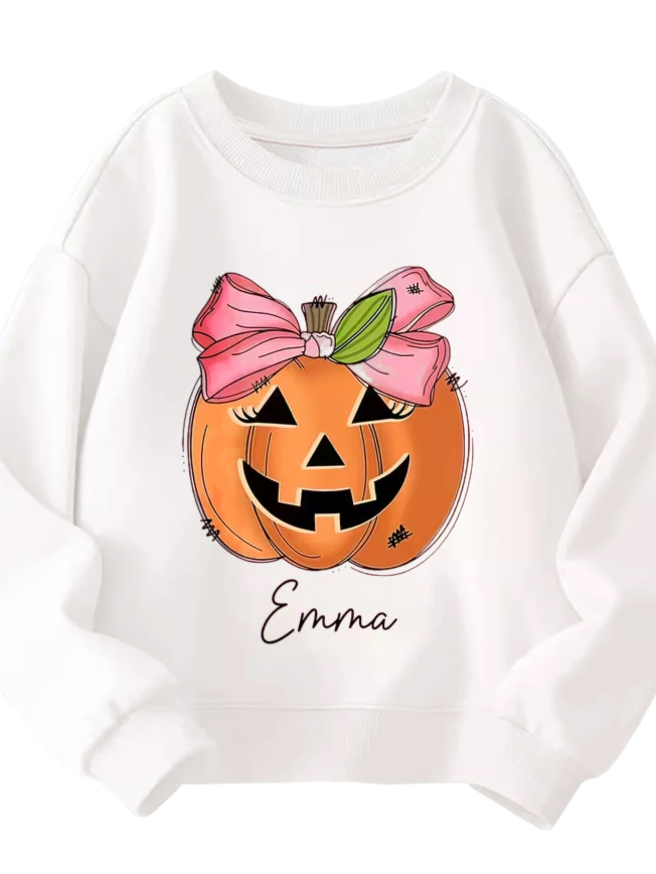 سويت شيرت للأطفال برقبة دائرية على شكل يقطين الهالوين مع فيونكة وردية ونص إيما بلوفر أبيض لملابس عطلة الخريف