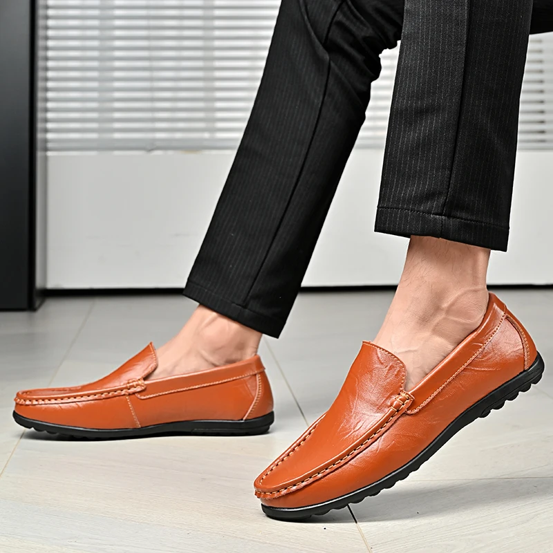 Lederen Herenschoenen Casual Luxe Merk Formele Heren Loafers Mocassins Mode Ademende Slip-On Mannelijke Bootschoenen Plus Maat 38-47