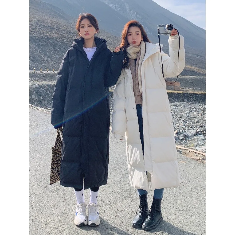 

Зимнее утепленное длинное пуховое пальто 2024 года для женщин, в корейском стиле, свободного кроя, парное, средней длины, однотонное, на молнии