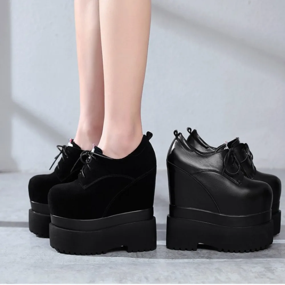 Super High Heel 18cm Genuine Leather Platform Wedge Hidden Heel Women Casual Shoes Chunky Sneakers High Heels Spring Autumn