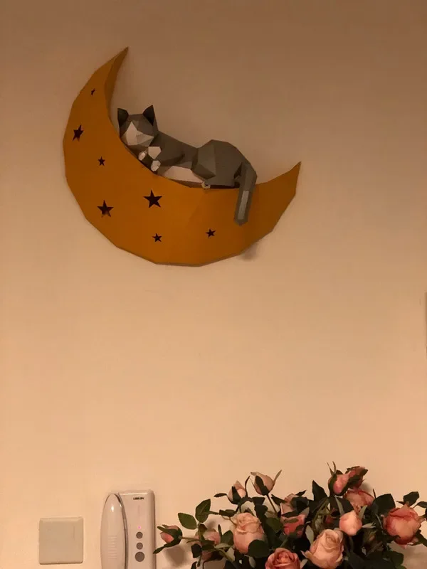 

3D Pre-cut Paper Decor Paper Model Cat On Moon Home Animal Wall Art Papercraft