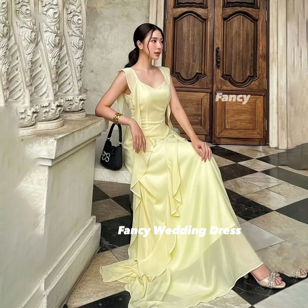 فستان سهرة أصفر أنيق فاخر في المملكة العربية السعودية بدون أكمام فستان حفلات بطول الأرض وسحاب خلفي مخصص