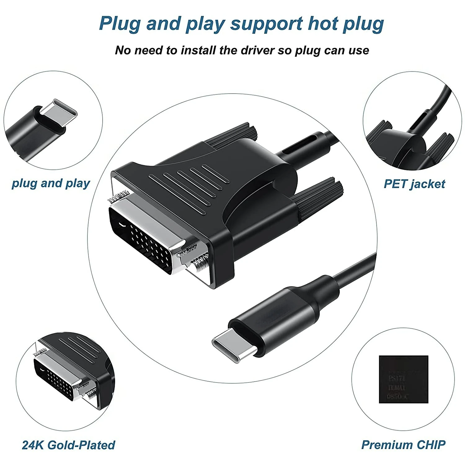 Cable adaptador USB C a DVI Thunderbolt3 tipo C a DVI(24 + 1), convertidor macho-Macho Compatible con Macbook Pro para Monitor de 2m