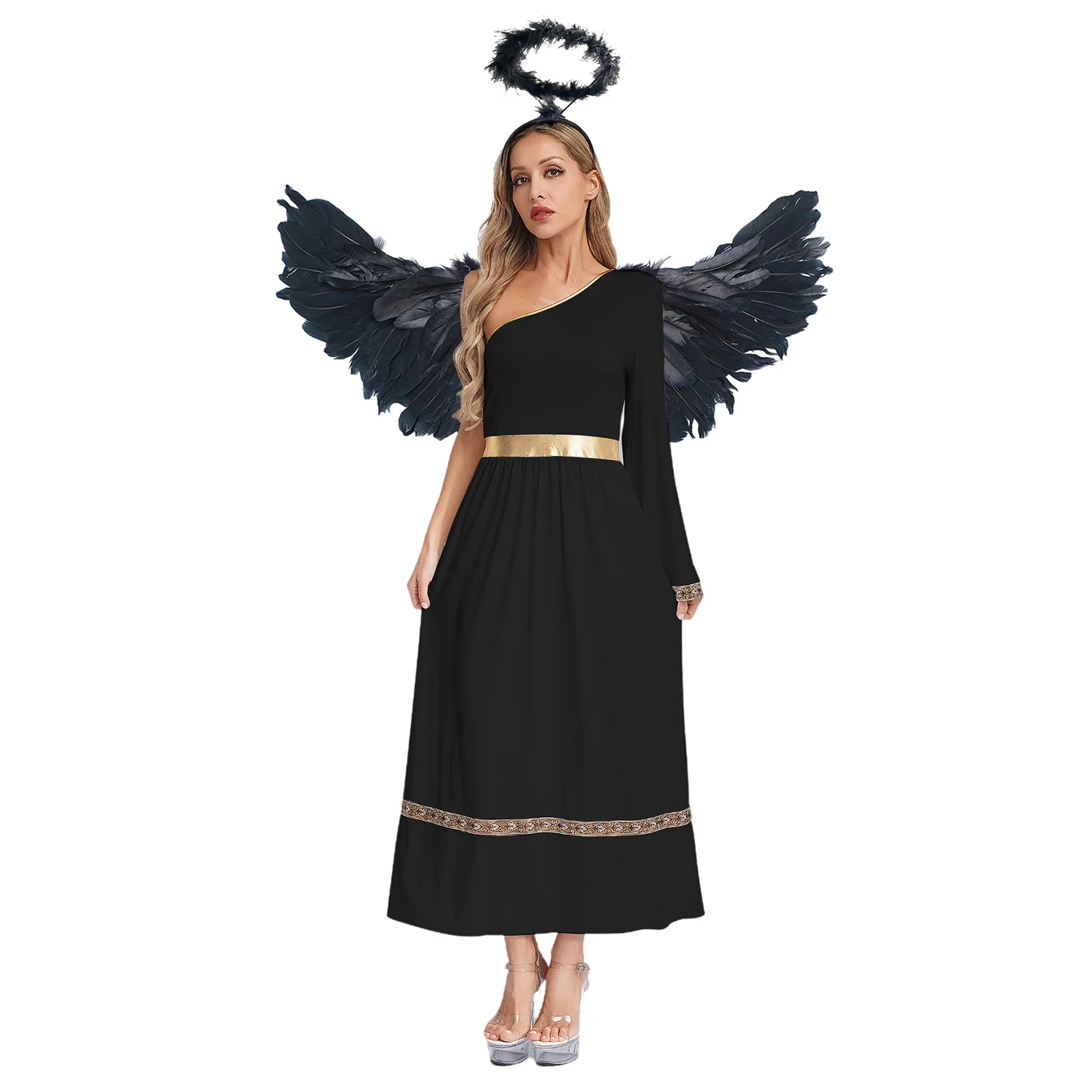 

Women Ancient Greek Dress with Headwear And Wings Brocade Trim Grecian Princess Queen Cosplay Robe for Dress-up Party Halloween