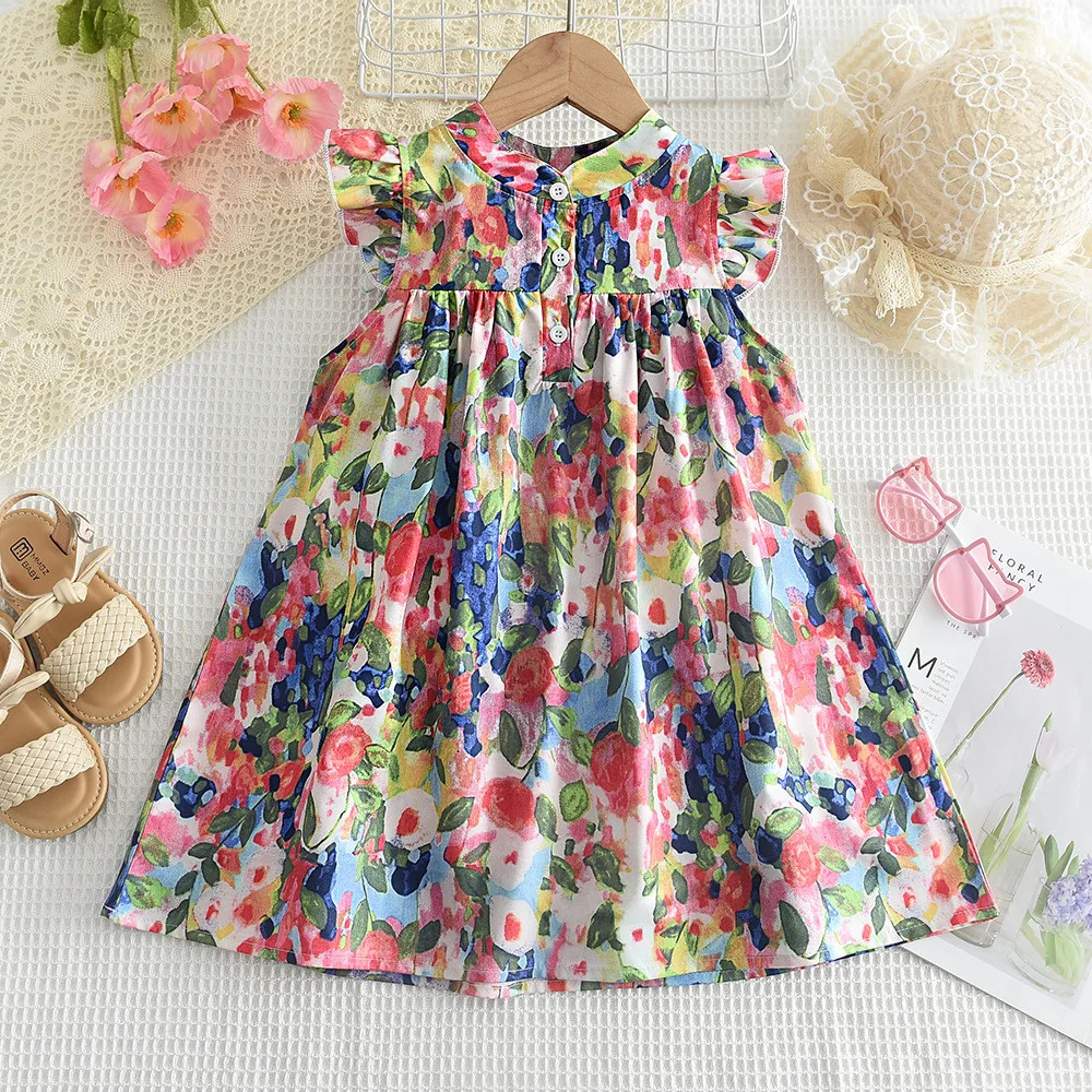 

2-8 Years Summer Girls Dress Full Print Flower Painting Style Princess Dress For Girl Children Birthday Present