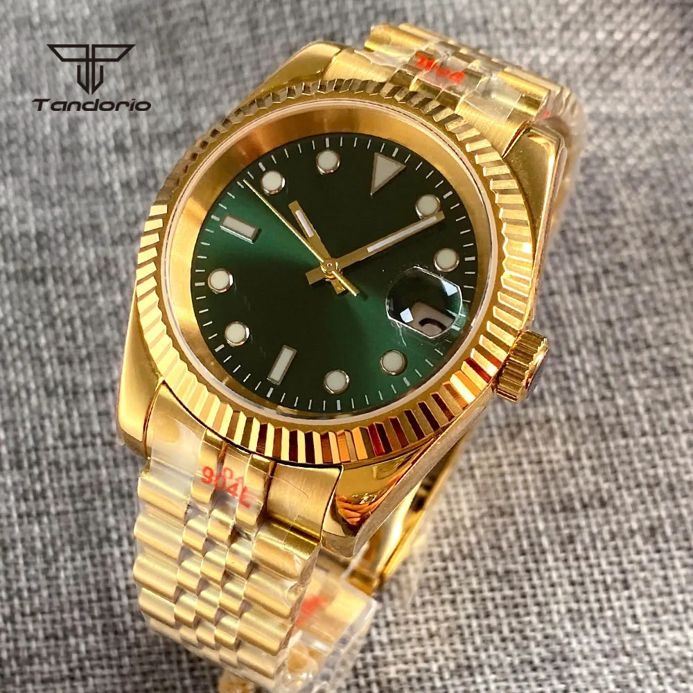 

Luxury Golden Coated 36mm/39mm NH35 PT5000 Automatic Watch for Men Polished Fluted Bezel Green Sunburst Dial Sapphire Glass Date