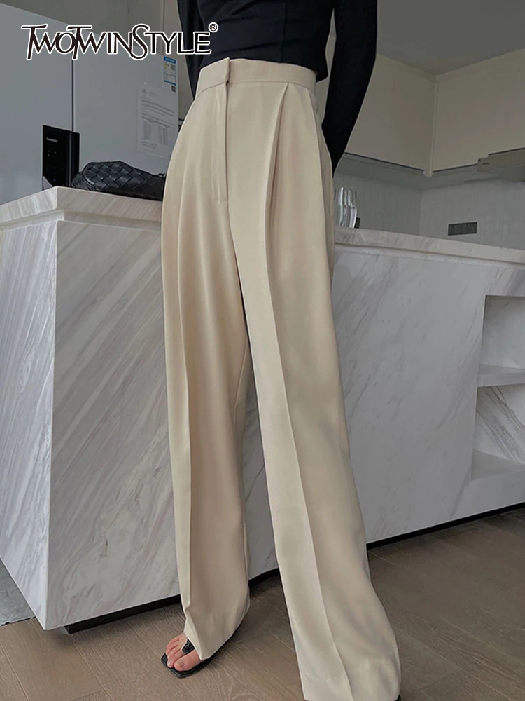 

TWOTWINSTYLE Solid Spliced Folds Pants For Women High Waist Patchwork Zipper Temperament Wide Leg Pant Female Fashion Clothing