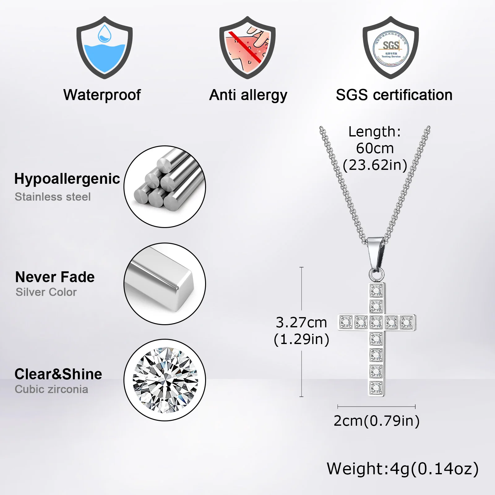 Bling Zicon Anhänger Halsketten für Männer Jungen, wasserdichte Kreuz Anhänger Halskette, Hip Hop Punk Schmuck Geschenke – Detail 4