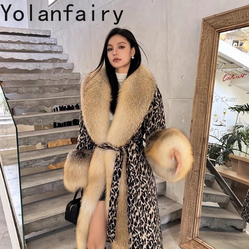 YOLANFAIRY Autumn and winter Imported whole fox fur coat Long woolen overcoa Long-sleeved lace-up street-style шуба женская 2025