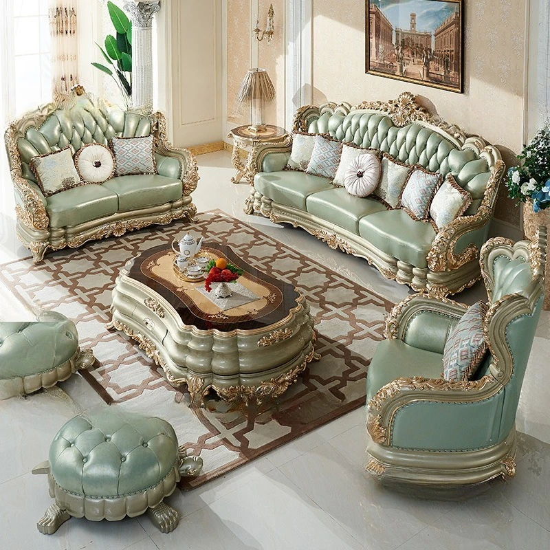 Sofa aus Massivholz, doppelseitig geschnitzt, europäisches Leder, Wohnzimmer, Rindsleder