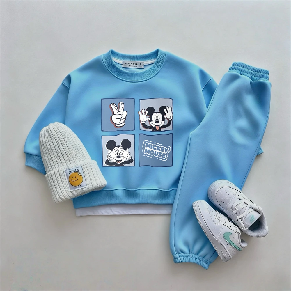 بلايز + السراويل 2 قطعة ميكي ماوس بلوزات مطبوعة بلون رياضية موضة زي للبنين الطفل الكرتون طويلة الأكمام الدعاوى