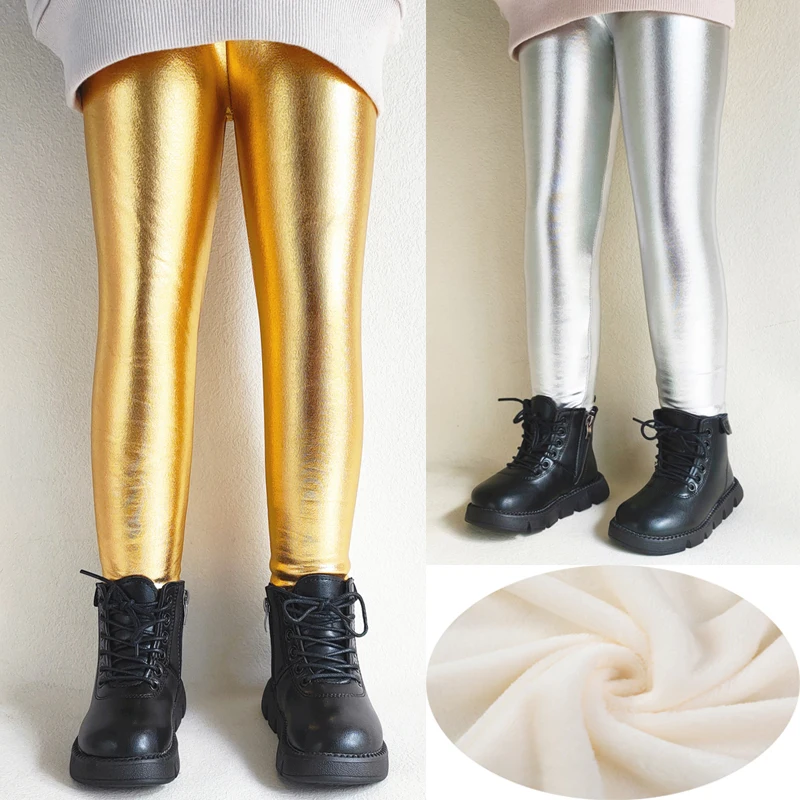 Autumn Winter Thicken Warm Fleece Children Girls Trousers Shiny Gold Silver Long Kids Boys Punk Pants