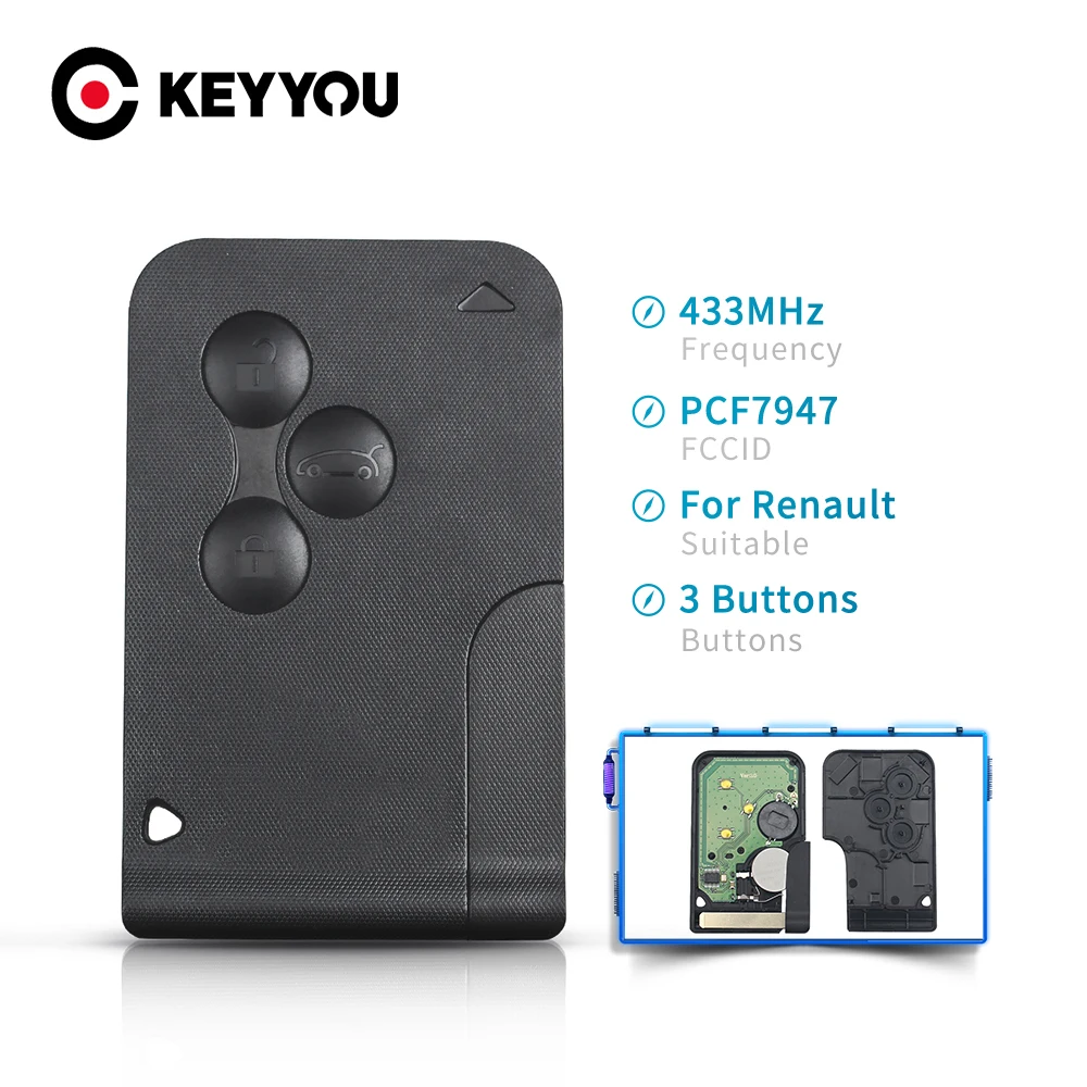 KEYYOU 3 Taste Smart Card Schlüssel 434 Mhz ID46 PCF7947 Chip Für Renault Clio Logan Megane 2 3 Scenic Fernbedienung PCB auto Schlüssel Karte Schlüssel