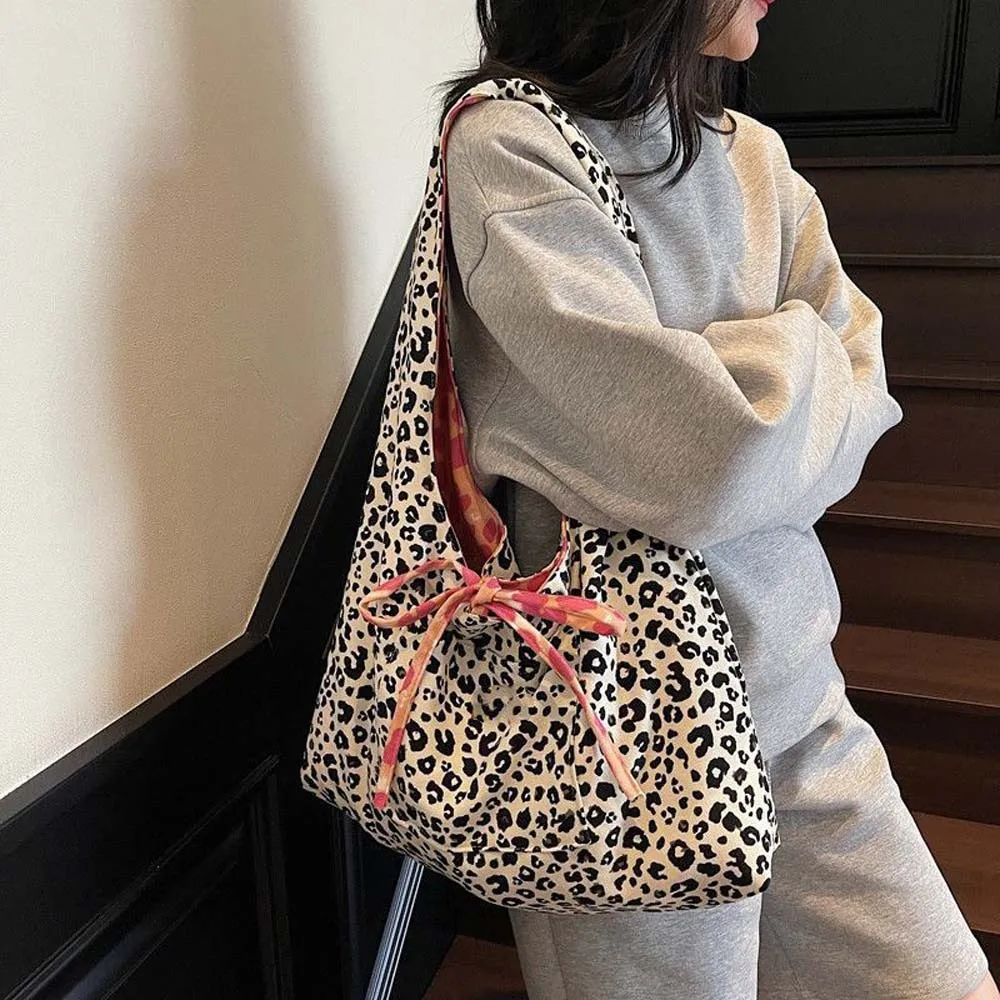 Double Sided Leopard Print Tote Bag, Stylish Leopard Print Handbag for Women, Fashion Bow Large Capacity Shoulder Bag view 6